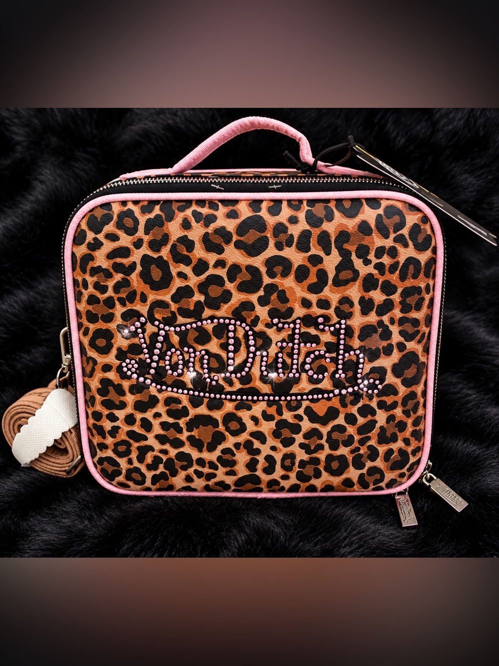 Von Dutch Y2K Leopard Print Rhinestone Cosmetic Case With LED Mirror